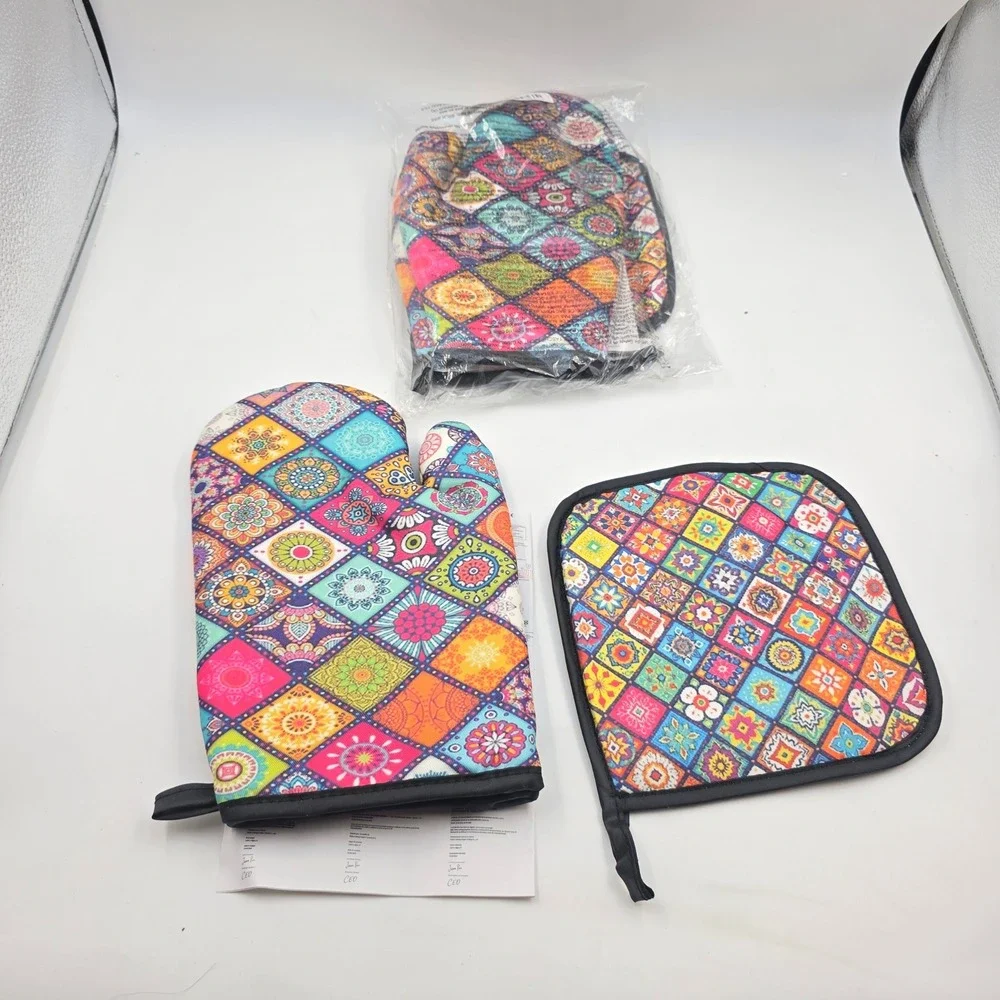 Mandala Patchwork Oven Mitt and Pot Holder Set 3 Piece Colorful Boho Kitchen L4